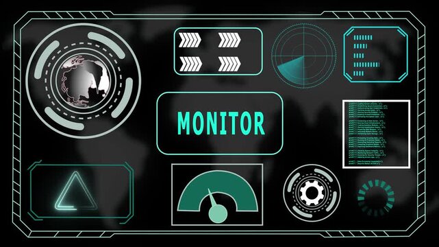 Futuristic HUD Interface with "MONITOR" Acronym in Glowing Blue Concentric Circles and Digital Background, 4K Animation Video of The World Digital Data Cyber Technology.