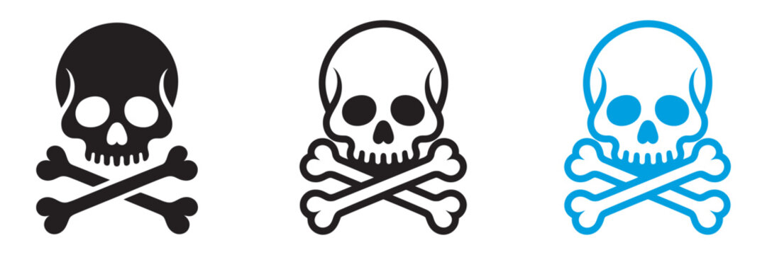 Skull and Crossbones Vector Icon Set, Skeleton Symbols Collection, Black and Blue Skull Icons, Danger Warning Illustration