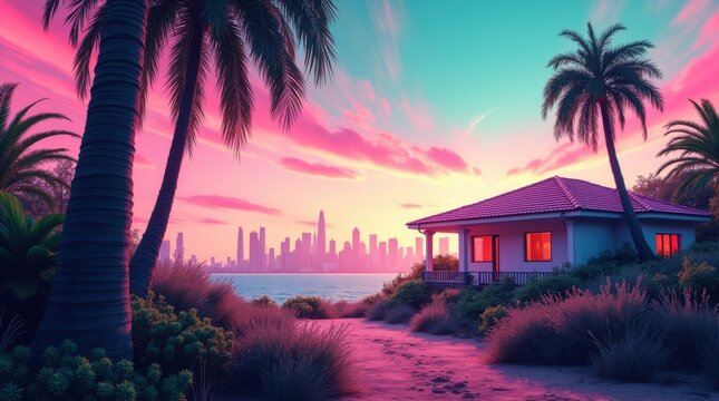 Tropical beach house with palm trees at sunset overlooking a distant city skyline under a vibrant pink and purple sky in a beautiful summer evening scene