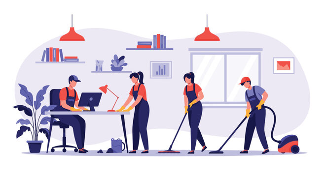 Professional cleaning team in blue and orange uniforms works together to tidy a modern office using various tools like mops and vacuums.