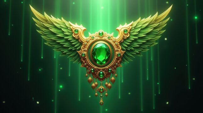 Golden emblem with green gemstone and eagle wings design for game achievement icon or fantasy badge on a dark glowing magical background