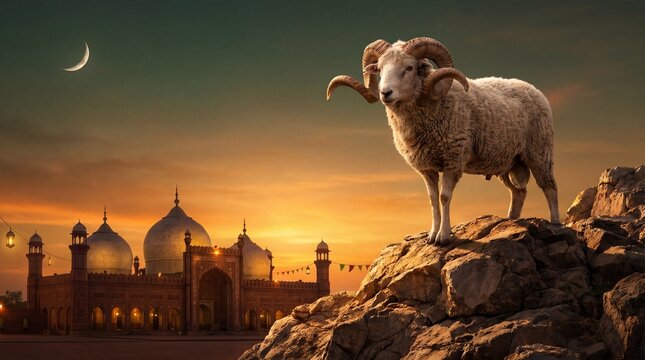 Majestic Ram Standing on Rocky Cliff with Mosque at Golden Sunset Eid Ul Adha Mubarak