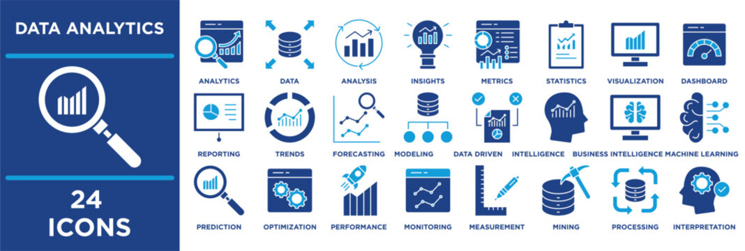 Data Analytics icon collection set. Containing forecasting, modeling, data driven, intelligence, business intelligence, machine learning, prediction. solid icon