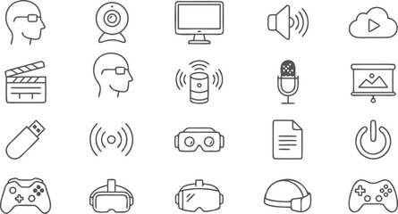 Home entertainment system line icon set with vr glasses speaker smart assistant webcam gamepad © MdMojnu
