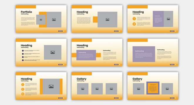A collection of modern presentation slides with yellow and gray design elements for a Case Study