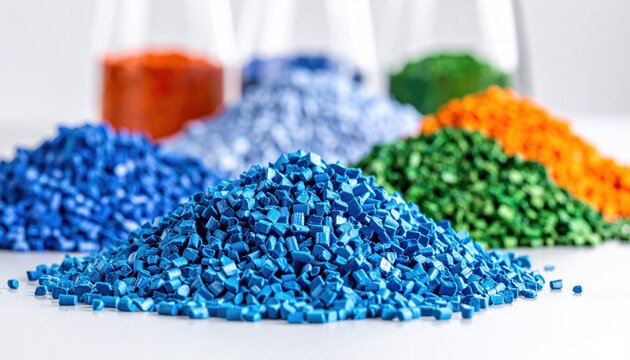 Vibrant piles of multicolored industrial polymer granules arranged in a cinematic widescreen composition, representing high quality raw materials for sustainable plastic manufacturing processes.