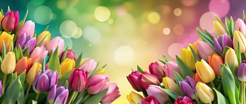 Colorful spring tulip floral border with blooming bouquets on glowing bokeh background