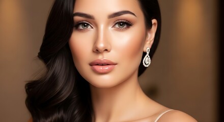 Fototapeta premium Elegant woman with dark wavy hair and sparkling earrings portrait