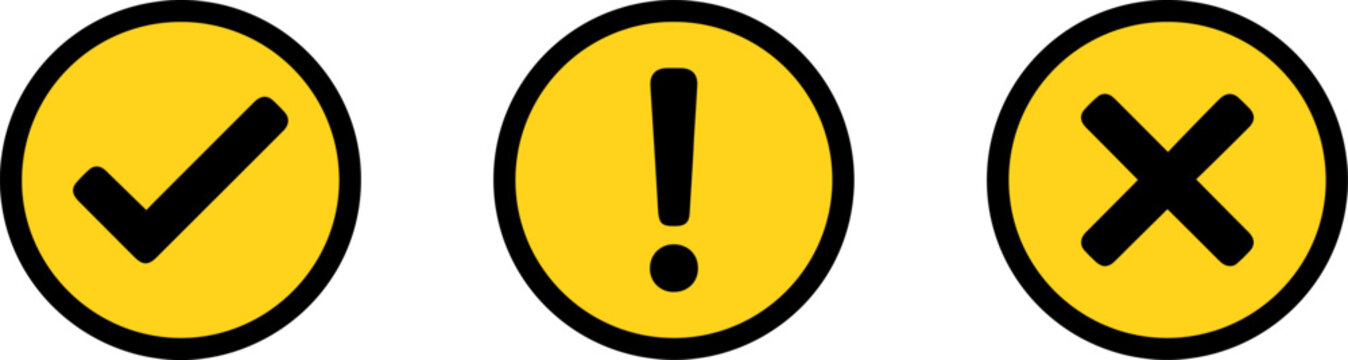 Set of yellow circular icons with check mark, exclamation mark and cross