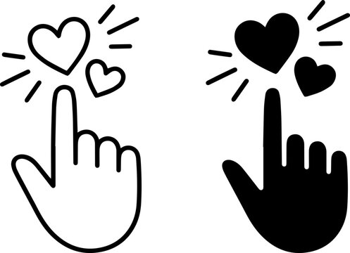 Hand cursor clicking on hearts icon set isolated on white background
