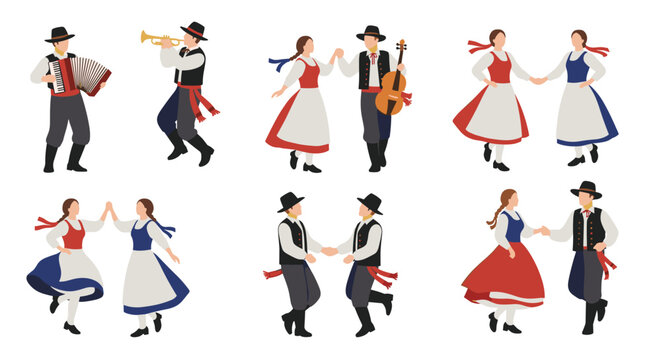 Extensive set of folk performers in traditional ethnic costumes engaged in dancing and playing musical instruments like the violin.