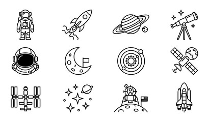 Astronaut outline icon collection with planets and space exploration vector symbols © Md