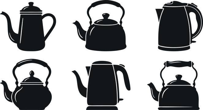 Kettle and teapot black silhouette icon set with vintage stove top and electric boiling appliances