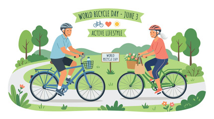 Fototapeta premium World Bicycle Day celebration with active lifestyle couple cycling in a park on June 3rd