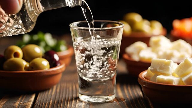 Pouring Clear Spirit into Shot Glass with Olives and Cheese Appetizers.