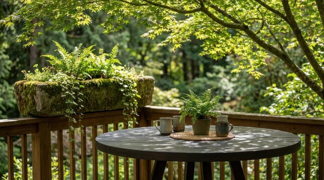 Dark stained cedar balcony table with mugs and ferns in dappled sunlight on a lush green deck