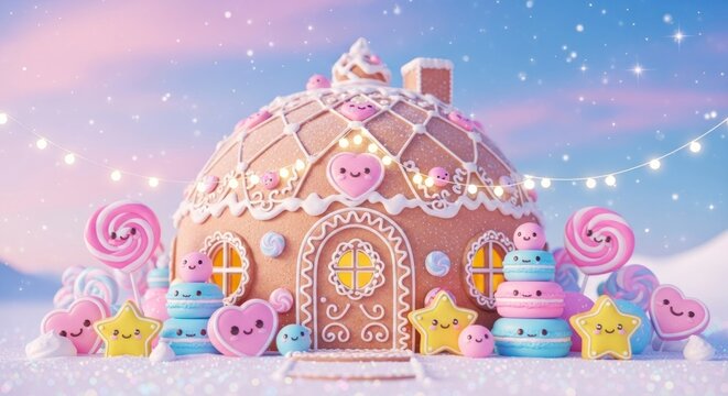 Feestelijk peperkoekhuisje met snoepversieringen en kerstverlichting.