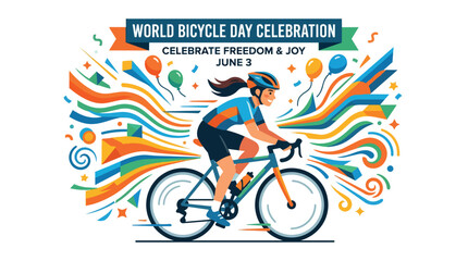 Fototapeta premium World Bicycle Day celebration with cyclist riding bicycle amidst colorful abstract motion graphic elements and balloons