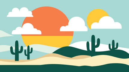 Fototapeta premium A blue cartoon vector illustration of an ocean and mountain landscape with a summer sun, clouds, and waves in the sea