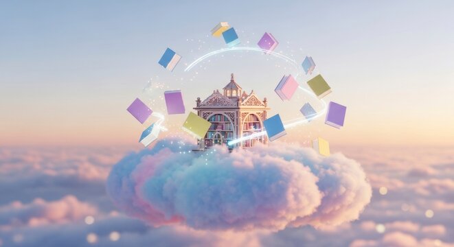Fantasiesc&egrave;ne met een sierlijke structuur en zwevende kleurrijke vormen in de lucht.