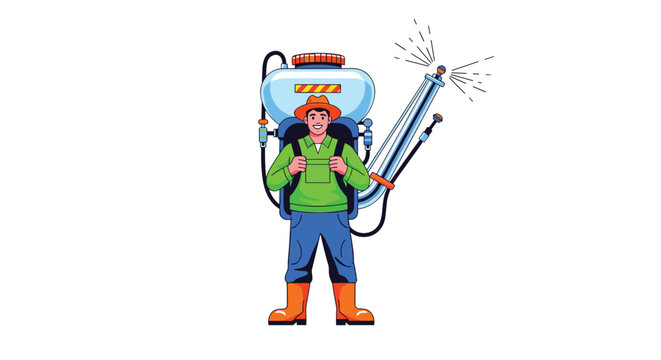 A cheerful farmer wearing a traditional straw hat and vibrant green shirt carries an oversized industrial chemical sprayer backpack across a bright white studio background.