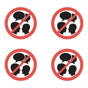 No talking and no close communication prohibition sign, restricted conversation symbol, warning for silence and distance rules, clean flat vector design.