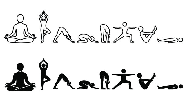 Yoga poses icons set. Yoga asana symbols including lotus, tree pose, downward dog, child pose, warrior, boat and corpse pose. Minimalist line and solid vector icons for fitness and wellness.