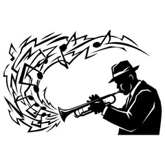 Silhouette of a jazz musician playing a trumpet with musical notes © MUHAMMAD