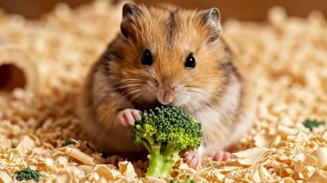 Golden Syrian hamster with brown and white fur sitting upright on wood shavings substrate while eating a fresh green broccoli floret, holding the vegetable with its small paws.