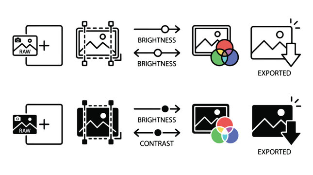 Photo editing and post-processing icons set. Workflow icons for RAW import, crop, brightness, contrast, color correction, and export. Photography software interface vector illustration set.