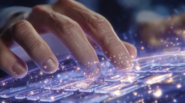 Digital Symphony: A close-up view of hands typing on a glowing keyboard, showcasing the intricate interplay of technology. Capturing the essence of innovation.