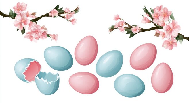 Pastel easter eggs and cherry blossoms on white background in a sharp studio shot for seasonal marketing and festive social media branding