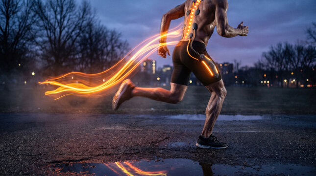 Motion blur of runner with trailing neon sensors