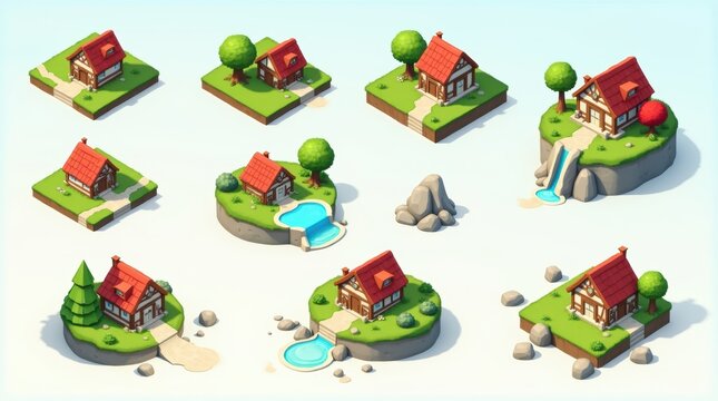 Set of isometric cartoon houses with nature elements trees and small ponds for game design and map building isolated on a plain surface