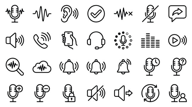 Set of voice recording and audio icons. Microphone, sound wave, volume, and notification bell icons. Podcast, music, and communication symbols for web and mobile interface
