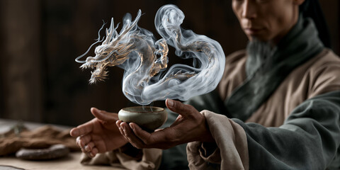 Fototapeta premium Asian tea ceremony with warm lighting. Oldstyle interior with steaming tea and gentle candle glow