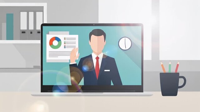 Online meeting illustration showing a faceless person presenting a pie chart on screen