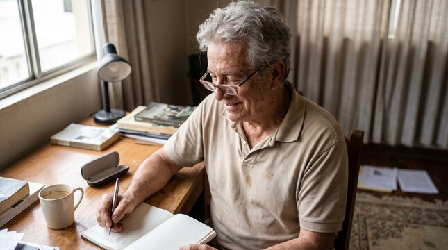 Thoughtful senior man diligently writing in his personal journal or notebook, capturing cherished memories and reflections at his comfortable home desk