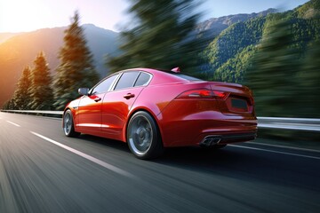 Obraz premium Modern luxury sedan speeding along a smooth highway at sunset with motion blur, reflecting performance, elegance, and automotive travel.