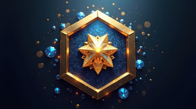 Golden star emblem inside a hexagon frame with floating blue glowing particles and dark background