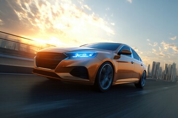 Obraz premium Modern luxury sedan speeding along a smooth highway at sunset with motion blur, reflecting performance, elegance, and automotive travel.