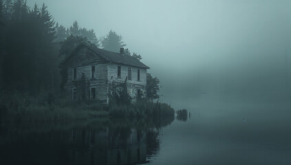 Obraz premium Eerie and atmospheric landscape of a rustic wooden house by a calm lake completely shrouded in thick morning fog and dense mist with water reflections