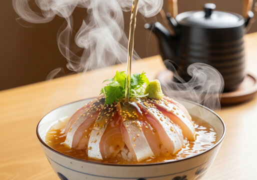 胡麻だれを絡めた鯛の刺身に熱々の出汁をかけた鯛茶漬け