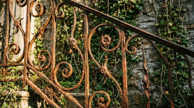 Ornate Wrought Iron Railing With Floral Scrolls Shows Rustic Texture Against Green Foliage and Stone Wall