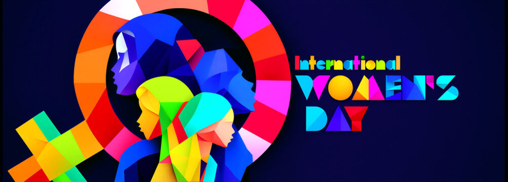 Colorful abstract illustration celebrating international womens day with vibrant geometric female profiles and bold text design