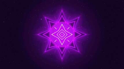 Obraz premium Neon purple glowing geometric star shape with light rays and concentric circles on a dark background