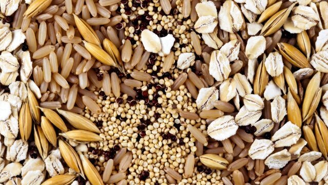 Golden grains and oats mix with seeds in a natural pile