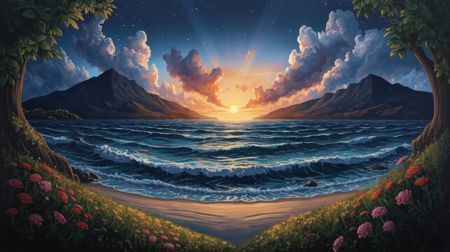 Beautiful sunset over the ocean with dark mountains and colorful clouds in a dreamy painted style