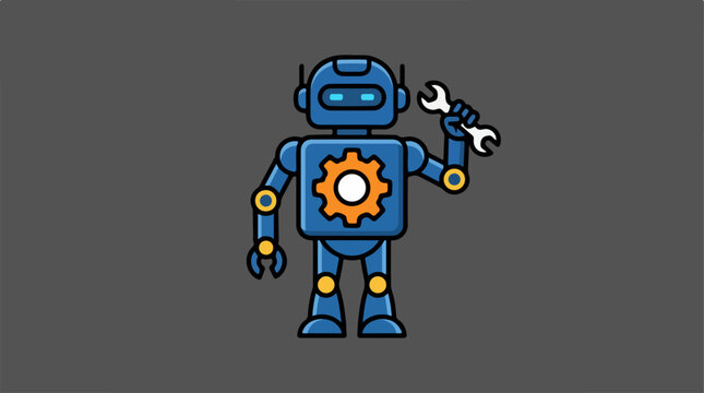 Cartoon style blue robot character holding a wrench.