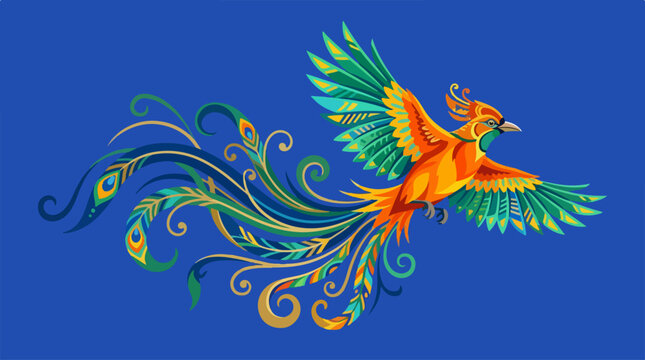 Colorful mythical phoenix firebird with long ornate tail flying against blue background.